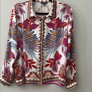 Haute Hippie Bohemian Orange, Pink & Black Tropical button down Shirt.
Sz M
